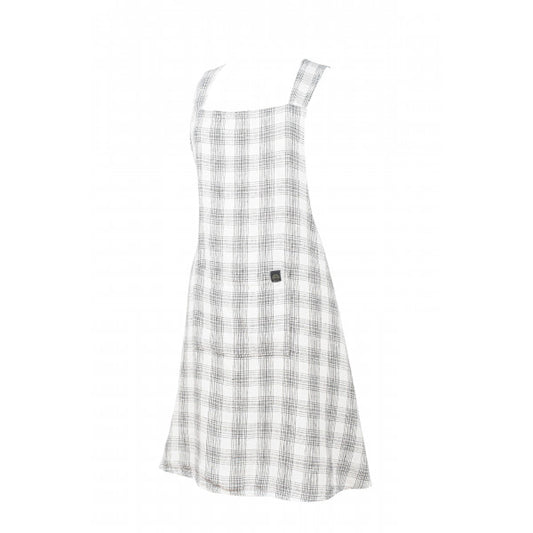 Crossback Linen Apron in White/Charcoal/Gray Check